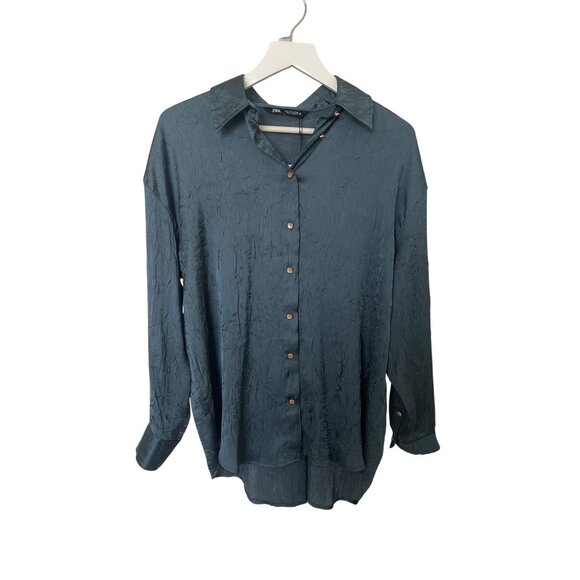 Zara Textured Satin Crinkled Look Button-Up Blouse - Picture 2 of 6